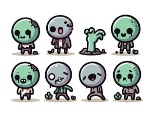Cute Chibi Zombie Characters in Cartoon Style with Green Skin and Big Eyes