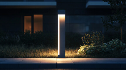 Fototapeta premium A clean concrete pillar illuminated by modern lighting in a hyperrealistic scene, emphasizing architectural minimalism, texture, and sleek contemporary design. 