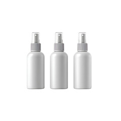Three clean white spray bottles lined up ready for product branding or cosmetic formulation mockups