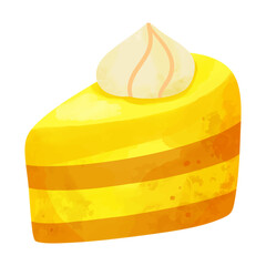 Soft creamy dessert with lemon. Yellow cake watercolor. Bright food illustration for posters and packaging
