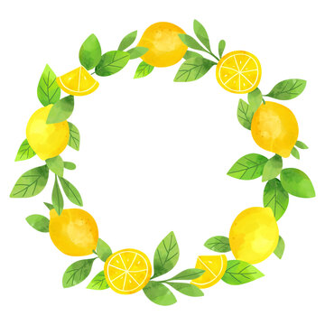 Watercolor lemon wreath. Citrus frame with yellow fruits and green leaves for summer invitations and design.