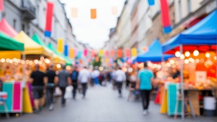 Obraz premium ヨーロッパのストリートフードフェスティバル、賑やかな街の観光のボケ、そうとフォーカス背景イメージ