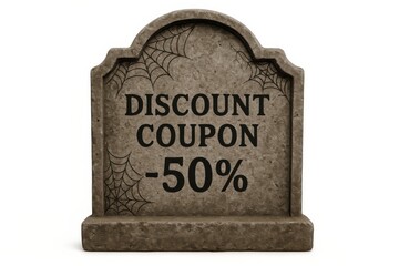 A tombstone-shaped discount coupon graphic featuring a 50% off promotion and spiderweb designs.