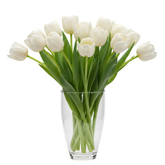 Elegant white tulips in a glass vase for home decor and gifting, isolated on white or transparent background. PNG