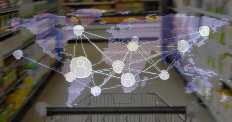 Showing shopper wearing casual wear pushing cart in grocery aisle, with world map linking avatars