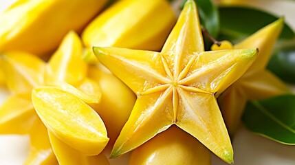 Starfruit, known scientifically as Averrhoa carambola, is presented in a macro closeup with a cross section slice, highlighting its vibrant yellow color against a clean white background as a food