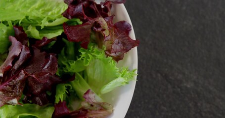 Displaying white ceramic bowl holding green and red leaf lettuce on kitchen countertop, copy space