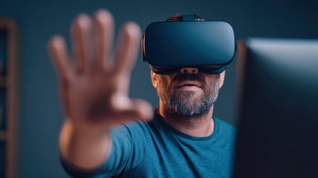 A man wearing a virtual reality headset reaches out as he interacts with a digital environment, showcasing immersive technology and gaming experiences. - Powered by Adobe