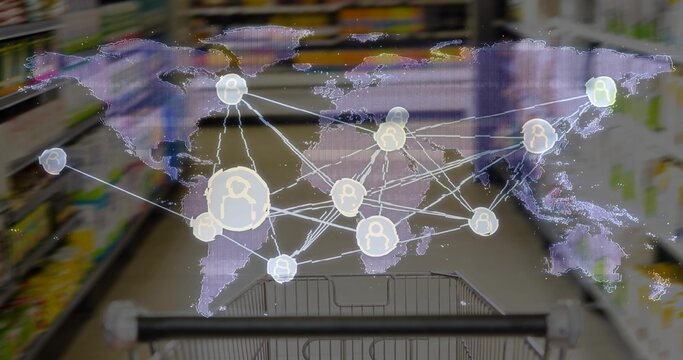 Showing shopper wearing casual wear pushing cart in grocery aisle, with world map linking avatars