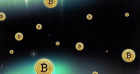 Floating gold Bitcoin coin icon glowing in abstract digital space, with stylized circuit pattern