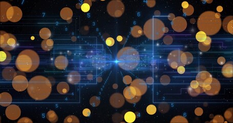 Central blue light node glowing in network view, with orange bokeh, digits and neon-blue circuits