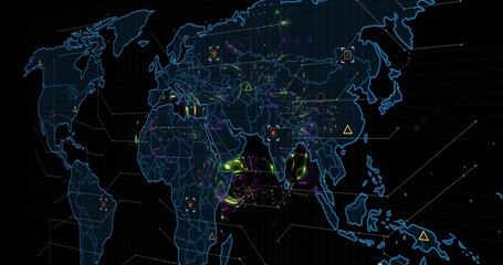 Displaying neon world map charting data streams over grid display showing nodes and connectors