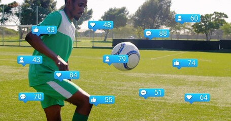 Juggling soccer player controlling white-blue ball thigh-high on turf, with media icons, copy space
