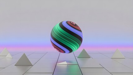 Stunning 3D sphere with colorful stripes hovers above pyramid landscape, perfect for modern branding, tech visuals, and creative abstract design projects