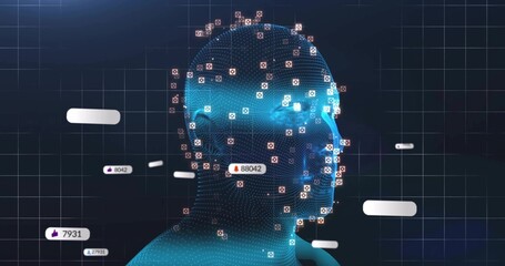 Showing 3D wireframe head in digital interface, with grid, landmarks and floating social metrics