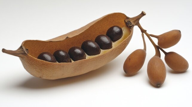 A closeup of Tamarindus indica highlights the opened tamarind pod's pulp and texture in macro detail on a white background as part of a tropical fruit photography shoot