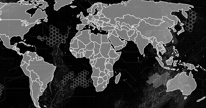 Naklejki Projecting world map in digital display, showing continent outlines with hex grid, coordinate lines