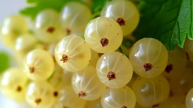 Ribes rubrum var sativum is captured in a closeup, highlighting the translucent quality of the white currant, with a focus on the macro detail of its clustered berry fruit on a white background - Powered by Adobe