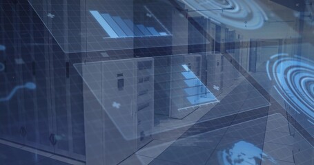 Revealing open server cabinet exposing racks in data center server room, with data visualization