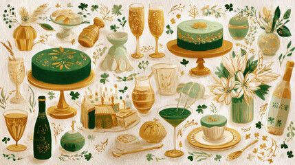 St. Patrick's Day Feast Illustration. An illustration showcasing a St. Patrick's Day themed feast with cakes, drinks, and decorations, all in a festive setting.