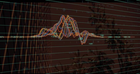 Displaying 3D grid of teal lines at monitoring station, with multicolored waveform and green labels