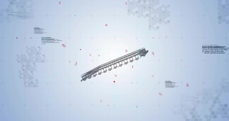 Displaying rail segment hovering over pale blue grid with red symbols, grey hexagons and code