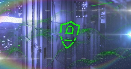 Projecting green shield icon protecting server racks and cables in data center with data streams