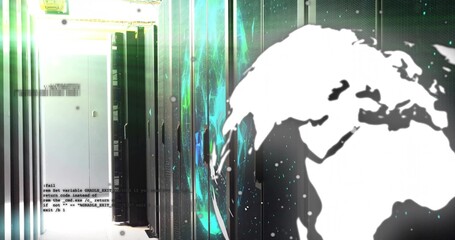 Showcasing digital globe showing Europe Africa Asia over data center server racks, copy space