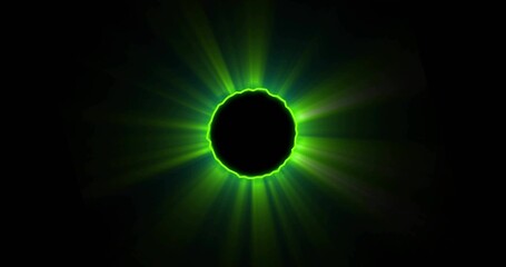 Radiating black circular disc emitting neon green light beams in dark void, with glowing rim