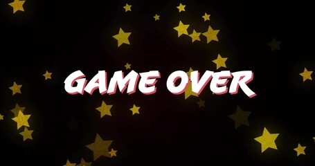 Displaying stylized 'GAME OVER' text with red drop shadow on black game end-screen, with gold stars