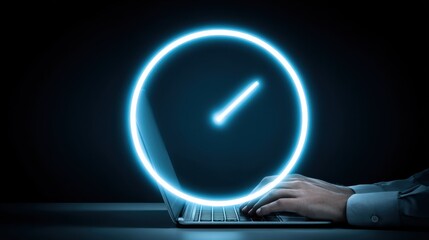 A glowing clock symbol overlays a laptop, suggesting themes of time management and productivity in a modern, digital workspace.