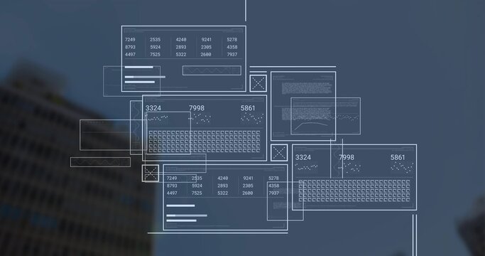 Floating wireframe panels projecting numeric tables and graphs over city facade, with keyboard grid