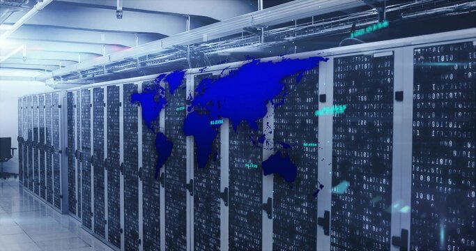 Extending glass-fronted server cabinets shining light in server room, with world map, code streams