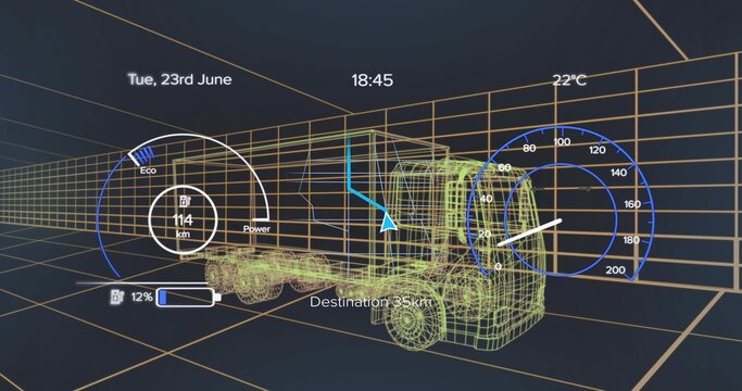Fototapeta Rotating 3D wireframe truck model in grid workspace, with HUD overlays and destination indicator