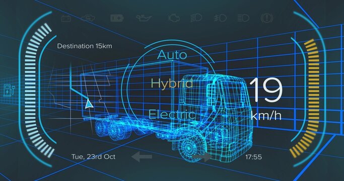 Fototapeta Projecting blue wireframe semi-truck in AR display grid showing navigation arrow and speed readout
