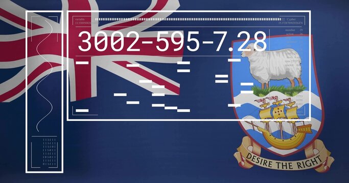 Naklejki Displaying panel with numeric code over Falklands flag showing Union Jack, sheep badge