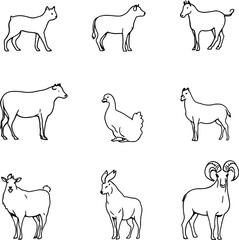 Farm Animal Profile Grid Vector Featuring Cat, Sheep, Horse, Cow, Chicken, Goat, Pig, Donkey, and Ram in Line Art Style