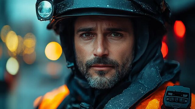 Intense portrait of a heroic first responder in uniform at night.