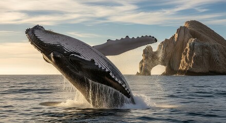 Humpback whale breaching near iconic arch rock formation at sunset.
