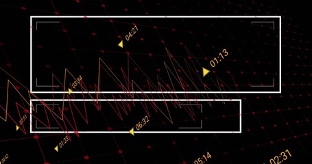 Displaying white rectangular frames on black grid, with time-stamped graphs and yellow markers
