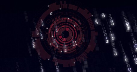 Displaying central red HUD-like interface at digital overlay, with binary digits, squares and nodes
