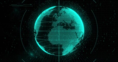 Obraz premium Displaying holographic Earth globe rotating in virtual display, with scanning rings, reference line