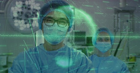 Reviewing patient vitals surgeon with glasses scanning monitor screens and data overlays in OR