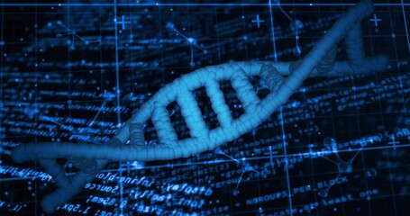 Floating glowing DNA double helix in virtual lab display, with grid overlay and code snippets