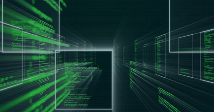 Converging rectangular code panels forming virtual data tunnel, with green text and motion blur
