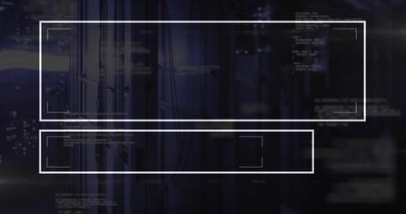Interface rectangles hovering in data center, with server racks, network cables and code fragments