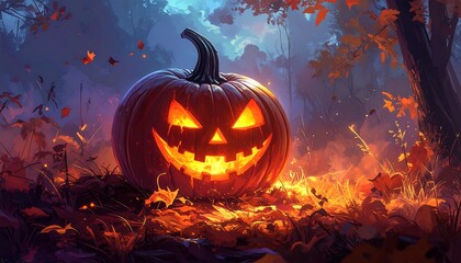 A spooky Halloween scene with a glowing jack-o'-lantern in an autumn forest. Leaves fall around the carved pumpkin, illuminated from within
