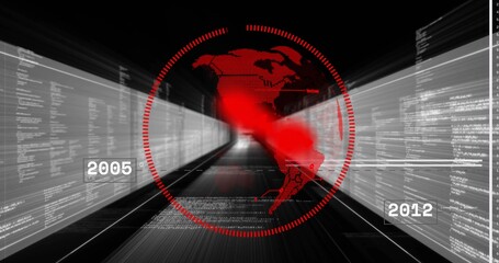 Displaying red scanning UI in data tunnel, showing pixelated Americas map and timeline 2005, 2012