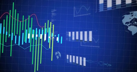 Displaying green bar clusters with red and light blue line graphs on trading screen, copy space