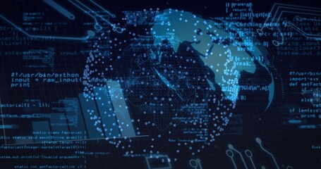 Rendering digital globe on dark grid mesh interface, with data nodes, Python and Java code snippets